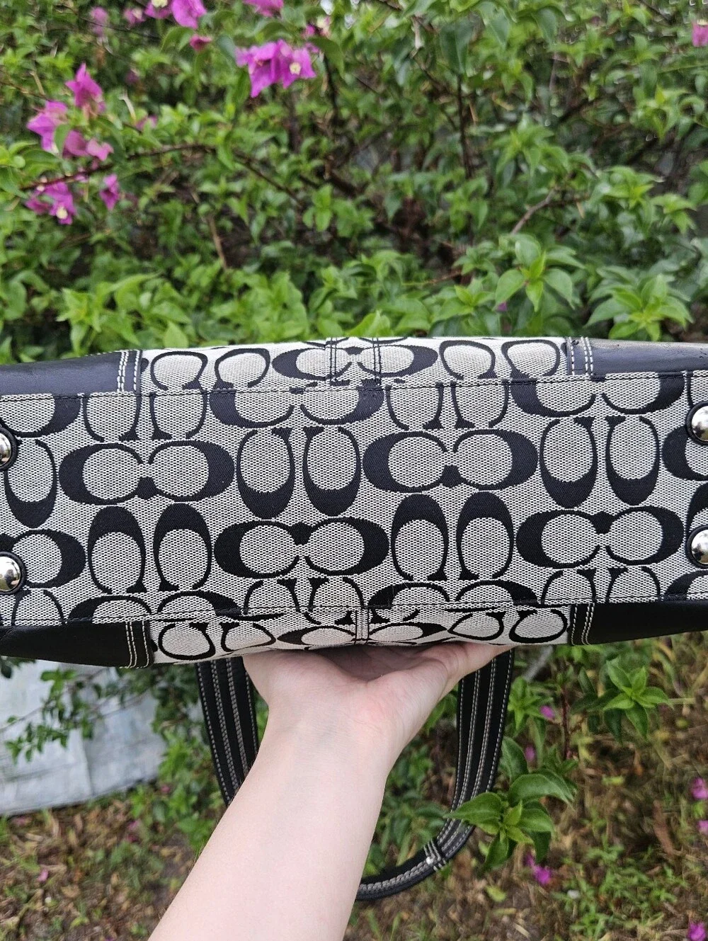 Coach Hampton Signature Carryall Satchel F13975 Black Gray Canvas Leather Turnlo